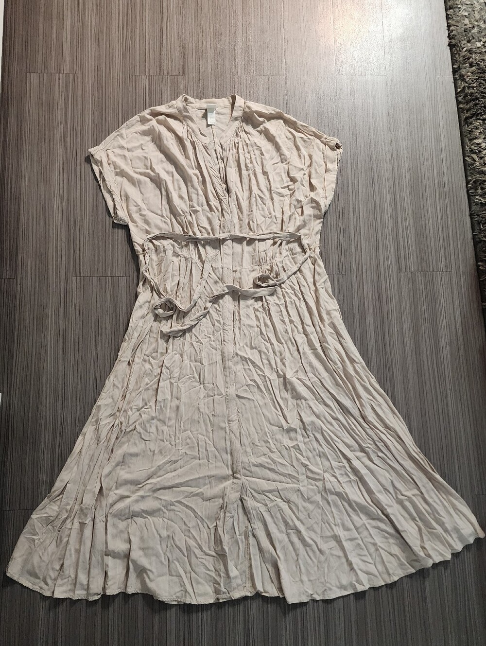 H&M Light Cream Pleated Maxi Dress with Waist Tie